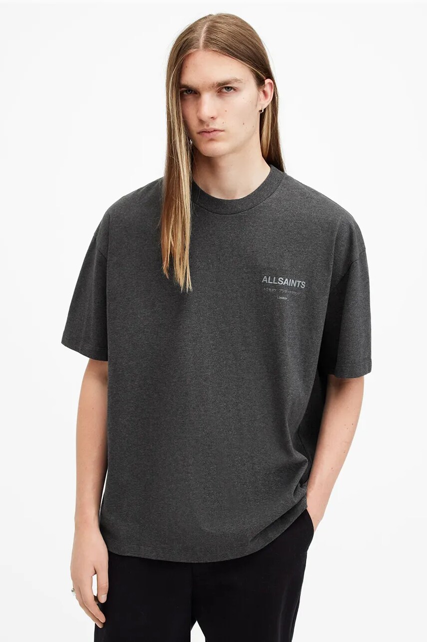 AllSaints tricou din bumbac UNDERGROUND barbati, culoarea gri, cu imprimeu, M071PB