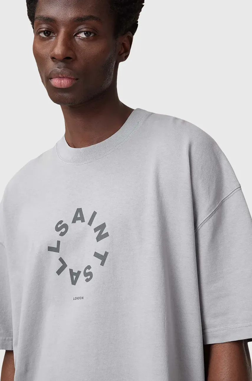 Хлопковая футболка AllSaints TIERRA SS CREW мужская цвет серый с принтом M072PB Хлопковая футболка AllSaints TIERRA SS CREW мужская цвет серый с принтом M072PB
