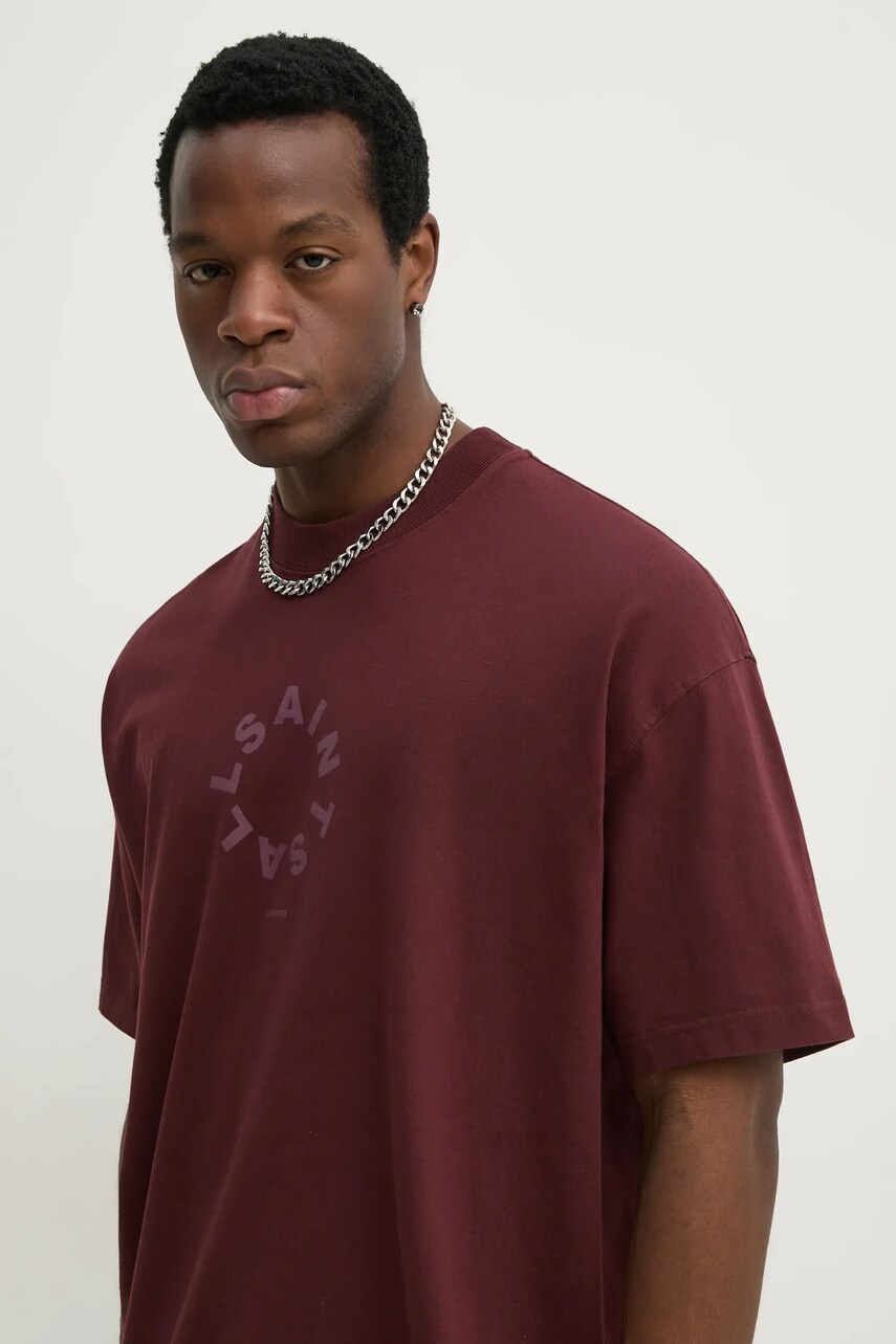 AllSaints tricou din bumbac TIERRA SS CREW barbati, culoarea bordo, cu imprimeu, M072PB