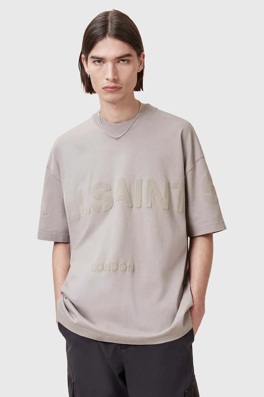 AllSaints tricou din bumbac BIGGY barbati, culoarea bej, cu imprimeu, M088PB