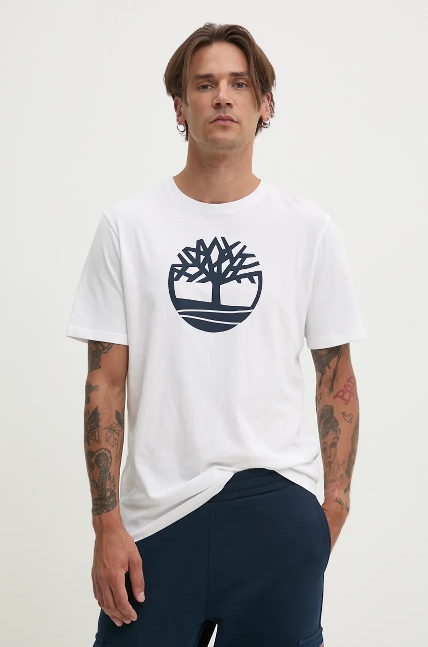 Timberland tricou din bumbac barbati, culoarea alb, cu imprimeu, TB0A2C2R1001 Timberland tricou din bumbac barbati, culoarea alb, cu imprimeu, TB0A2C2R1001