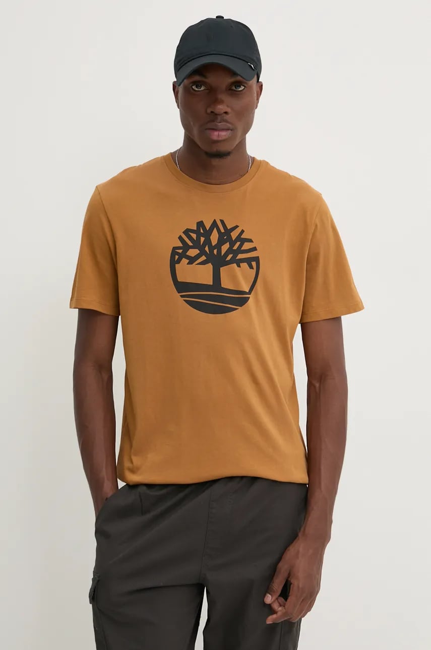 Timberland tricou din bumbac barbati, culoarea maro, cu imprimeu, TB0A2C2RP471 Timberland tricou din bumbac barbati, culoarea maro, cu imprimeu, TB0A2C2RP471