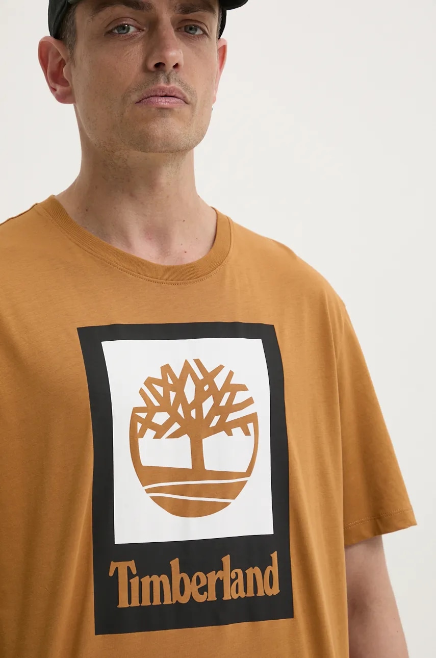 Timberland tricou din bumbac barbati, culoarea maro, cu imprimeu, TB0A5QS2P471 Timberland tricou din bumbac barbati, culoarea maro, cu imprimeu, TB0A5QS2P471