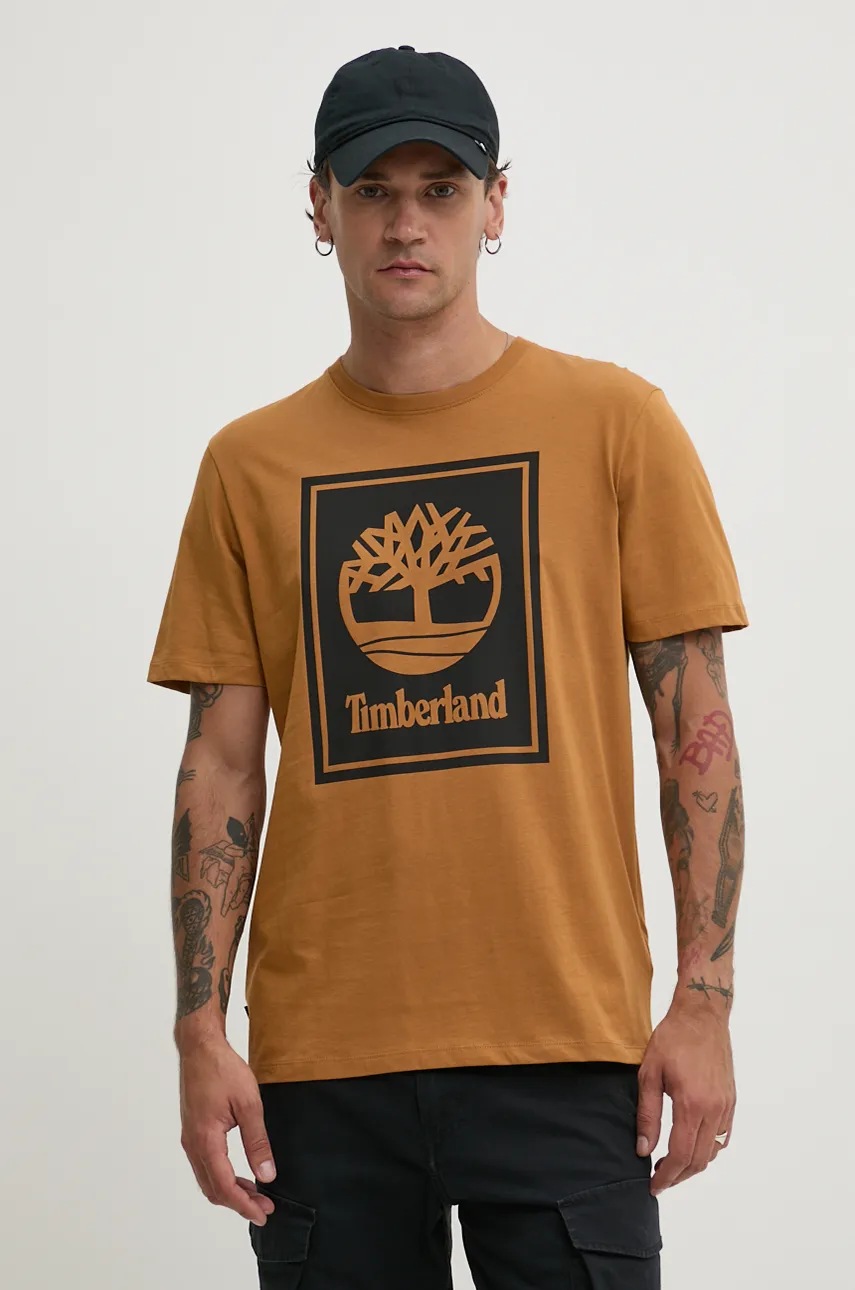 Timberland tricou din bumbac barbati, culoarea maro, cu imprimeu, TB0A5WQQP571