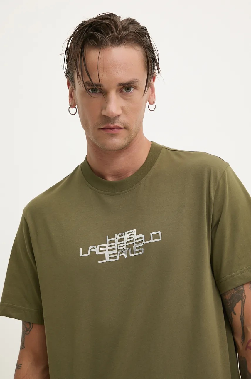 Karl Lagerfeld Jeans tricou din bumbac barbati, culoarea verde, cu imprimeu, 246D1700