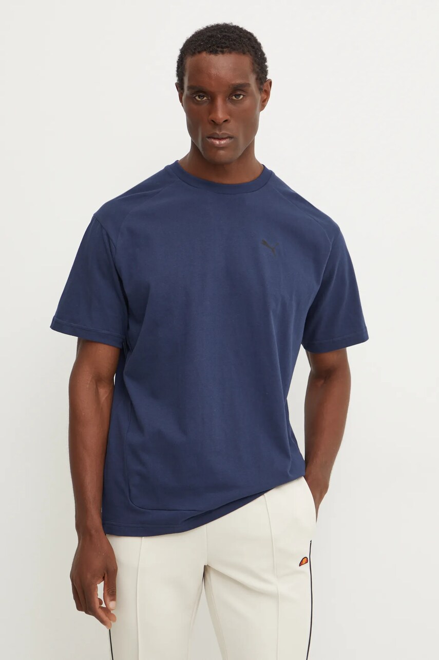 Puma tricou din bumbac barbati, culoarea albastru marin, neted, 681991