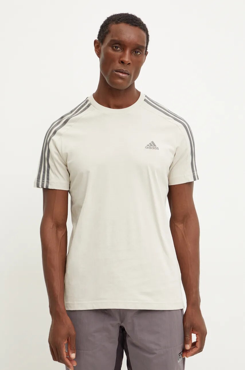adidas tricou din bumbac Essentials barbati, culoarea bej, cu imprimeu, IY9123