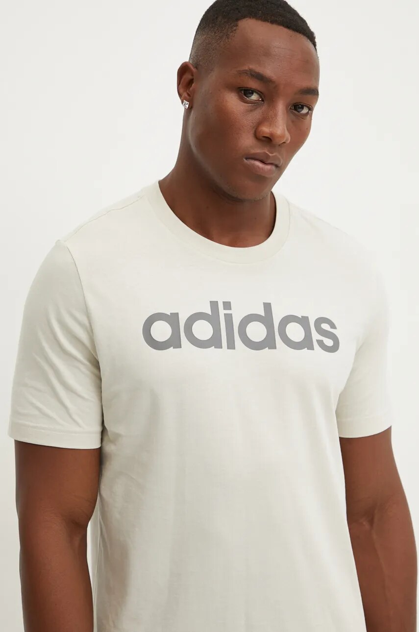 adidas tricou Essentials barbati, culoarea bej, cu imprimeu, IZ4771