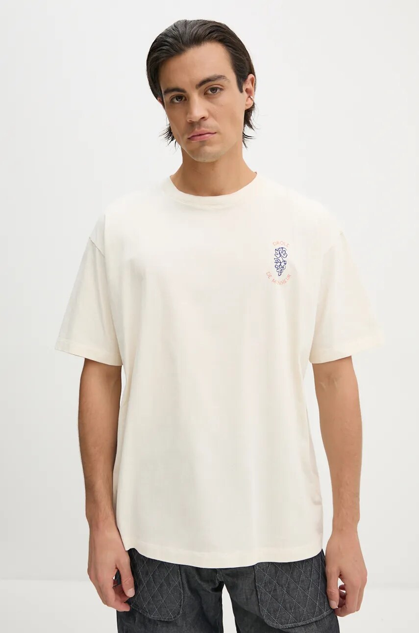 Drôle de Monsieur tricou din bumbac Le T-Shirt DrUle Grappe barbati, culoarea bej, cu imprimeu, E-TS212-CO165-CM