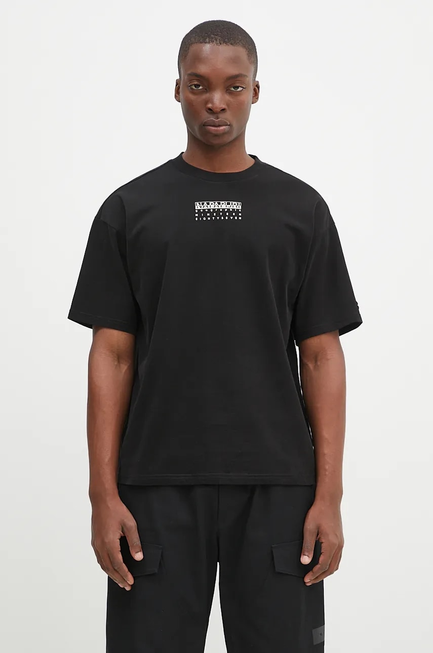 Napapijri tricou din bumbac S-Premium Ss barbati, culoarea negru, cu imprimeu, NP0A4I6Q9411 Napapijri tricou din bumbac S-Premium Ss barbati, culoarea negru, cu imprimeu, NP0A4I6Q9411