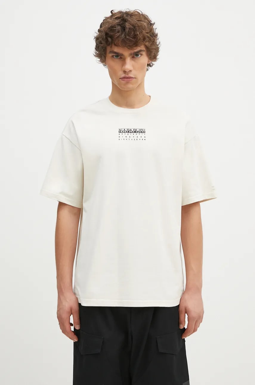 Napapijri tricou din bumbac S-Premium Ss barbati, culoarea bej, cu imprimeu, NP0A4I6QN1J1 Napapijri tricou din bumbac S-Premium Ss barbati, culoarea bej, cu imprimeu, NP0A4I6QN1J1