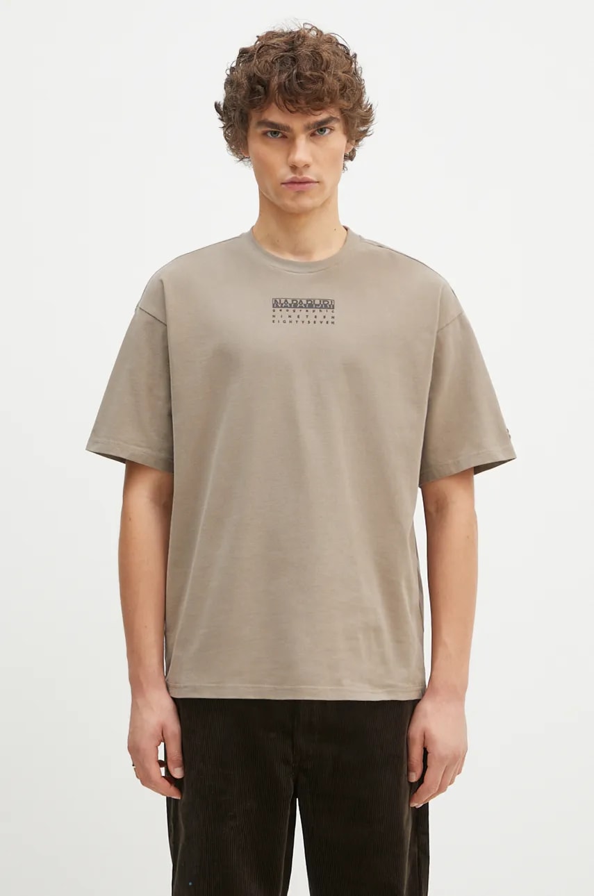 Napapijri tricou din bumbac S-Premium Ss barbati, culoarea bej, cu imprimeu, NP0A4I6QN1K1 Napapijri tricou din bumbac S-Premium Ss barbati, culoarea bej, cu imprimeu, NP0A4I6QN1K1
