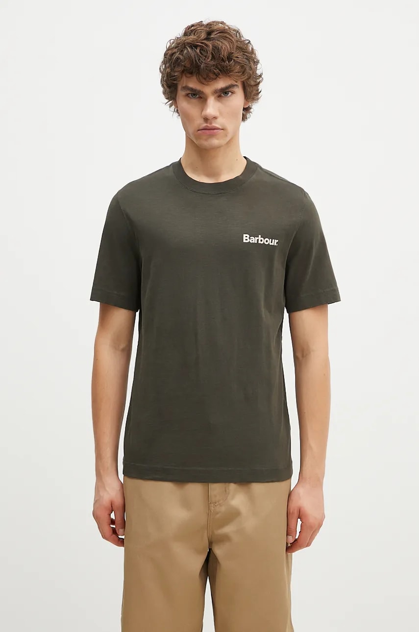 Barbour tricou din bumbac Pitbright Relaxed barbati, culoarea verde, cu imprimeu, MTS1351 Barbour tricou din bumbac Pitbright Relaxed barbati, culoarea verde, cu imprimeu, MTS1351