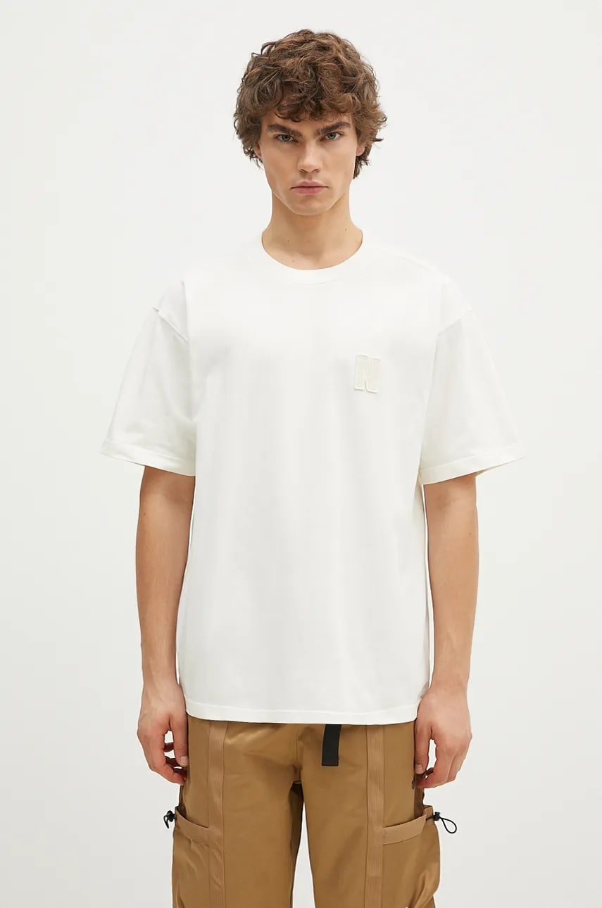 Norse Projects tricou din bumbac Simon Loose Organic Heavy Jersey N Patch barbati, culoarea bej, neted, N01.0667.0957