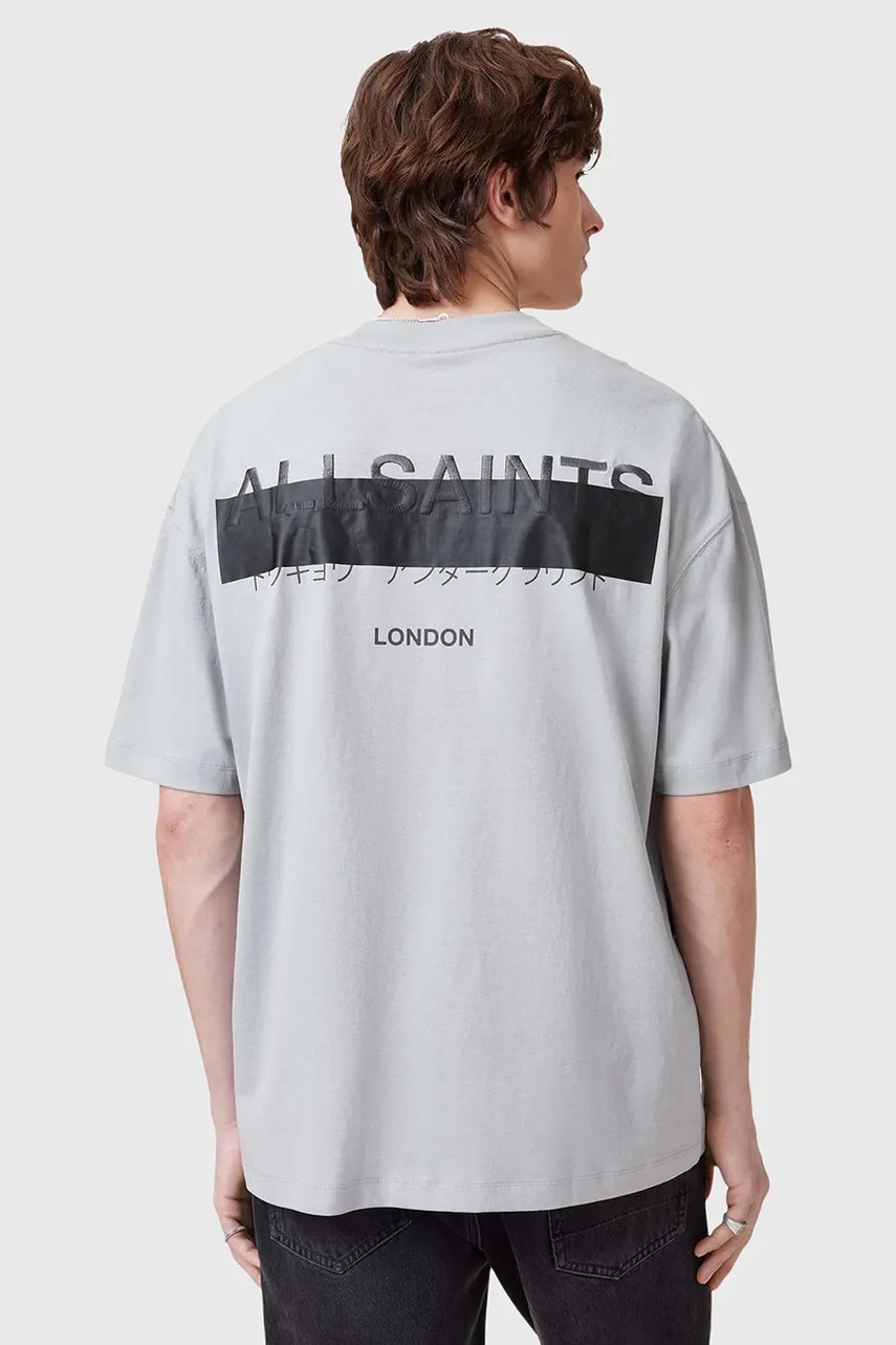 AllSaints tricou din bumbac REDACT SS CREW barbati, culoarea gri, cu imprimeu, M002PC