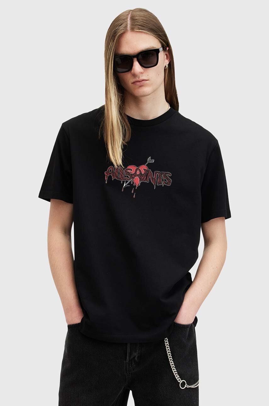 AllSaints tricou din bumbac BEREFT SS CREW culoarea negru, cu imprimeu, M030PB