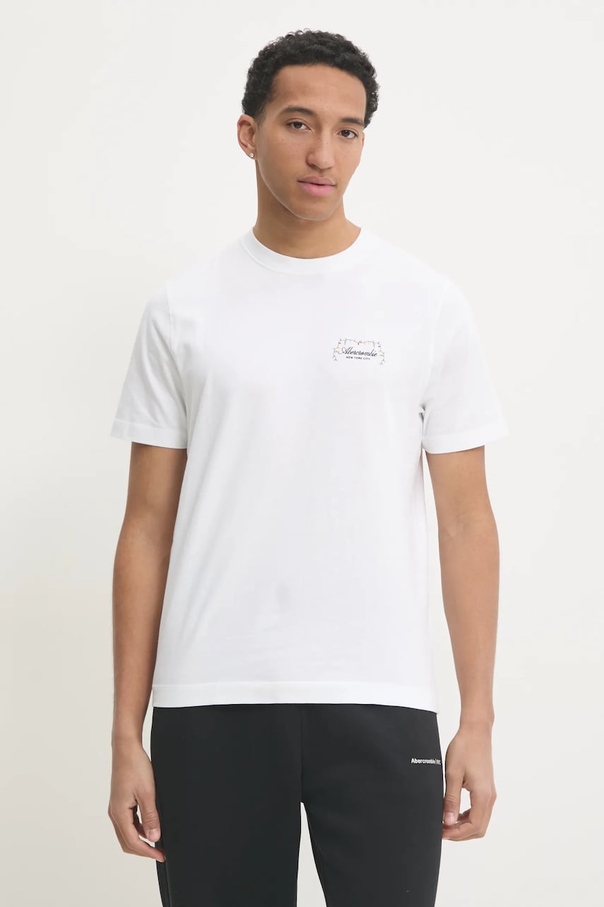 Abercrombie & Fitch tricou din bumbac barbati, culoarea alb, cu imprimeu, KI123-4189