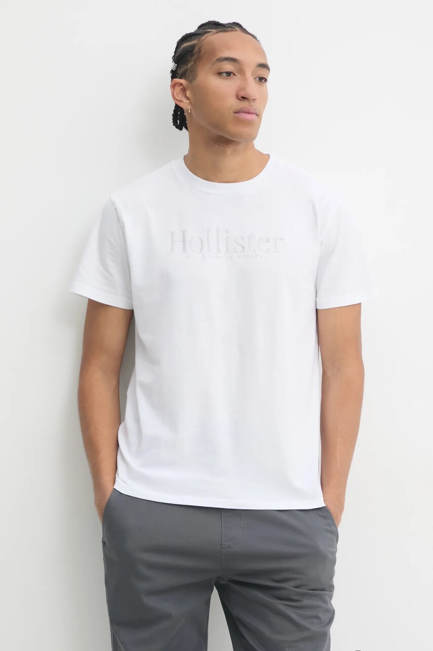 Hollister Co. tricou din bumbac barbati, culoarea alb, cu imprimeu, KI323-4213