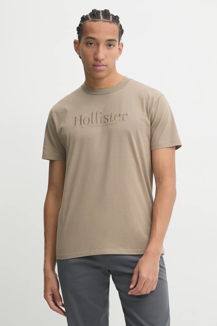 Hollister Co. tricou din bumbac barbati, culoarea bej, cu imprimeu, KI323-4213