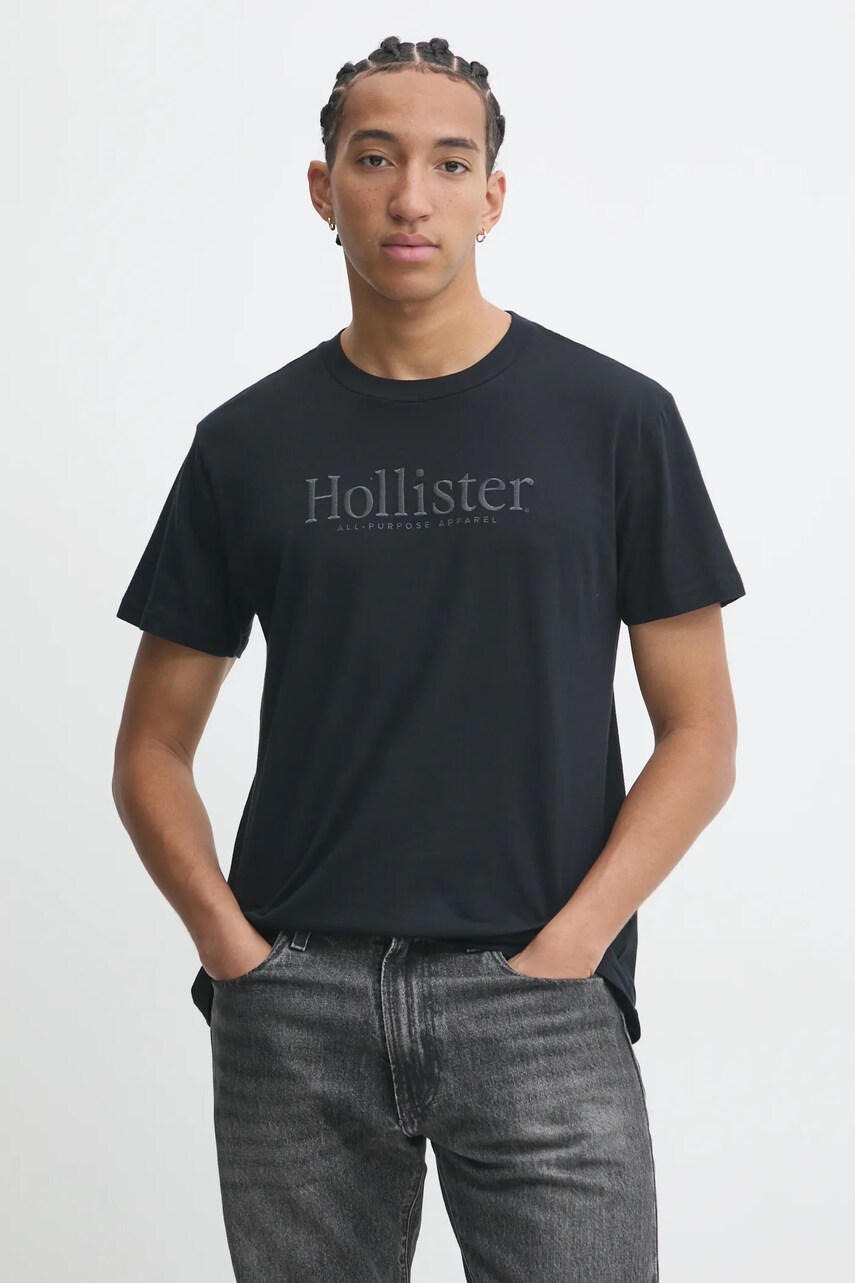 

Памучна тениска Hollister Co. в черно с апликация KI323-4213, Черен