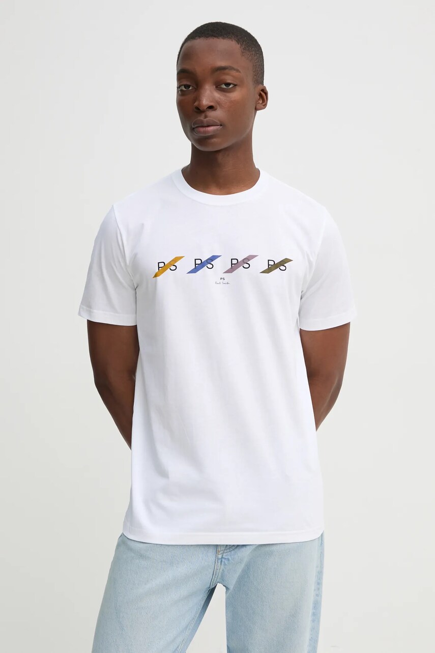 PS Paul Smith tricou din bumbac barbati, culoarea alb, cu imprimeu, M2R.011R.PP5082