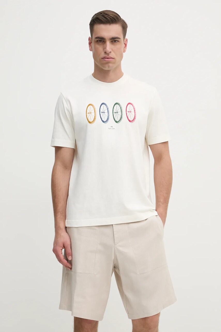 PS Paul Smith tricou din bumbac barbati, culoarea bej, cu imprimeu, M2R.965X.PP5015