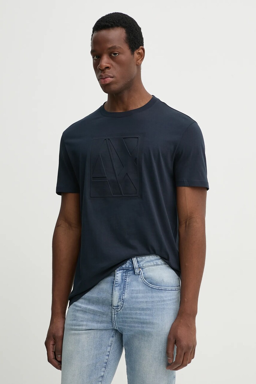 Armani Exchange tricou din bumbac barbati, culoarea albastru marin, neted, 6DZTJH ZJ8EZ