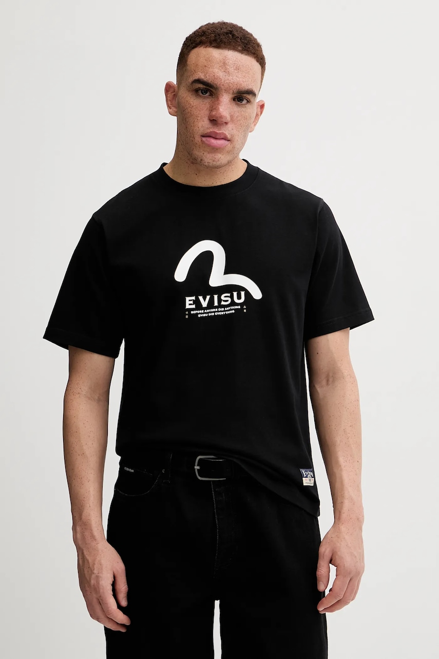 Evisu tricou din bumbac Seagull & Evisu Print bărbați, culoarea negru, cu imprimeu, 2EAHTM4TS7070