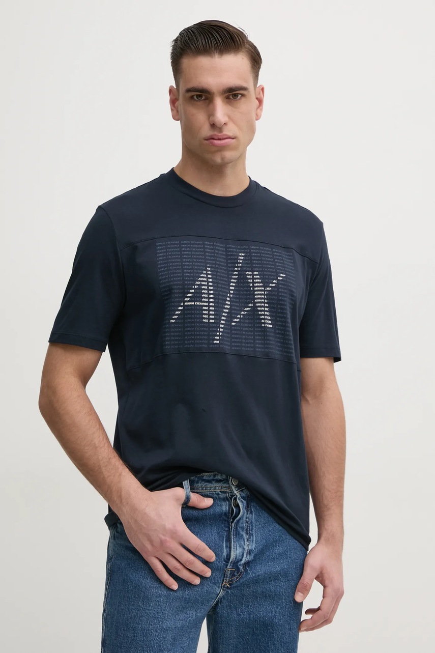 

Памучна тениска Armani Exchange в тъмносиньо с принт 6DZTJD ZJBYZ, Тъмносин