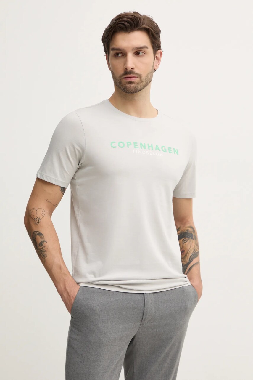 Lindbergh tricou din bumbac barbati, culoarea gri, cu imprimeu, 30-400200