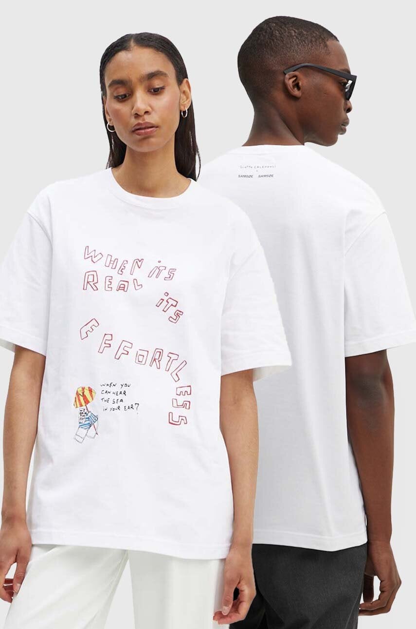 Samsoe Samsoe tricou din bumbac SAGIOTTO culoarea alb, cu imprimeu, U24200007 Samsoe Samsoe tricou din bumbac SAGIOTTO culoarea alb, cu imprimeu, U24200007