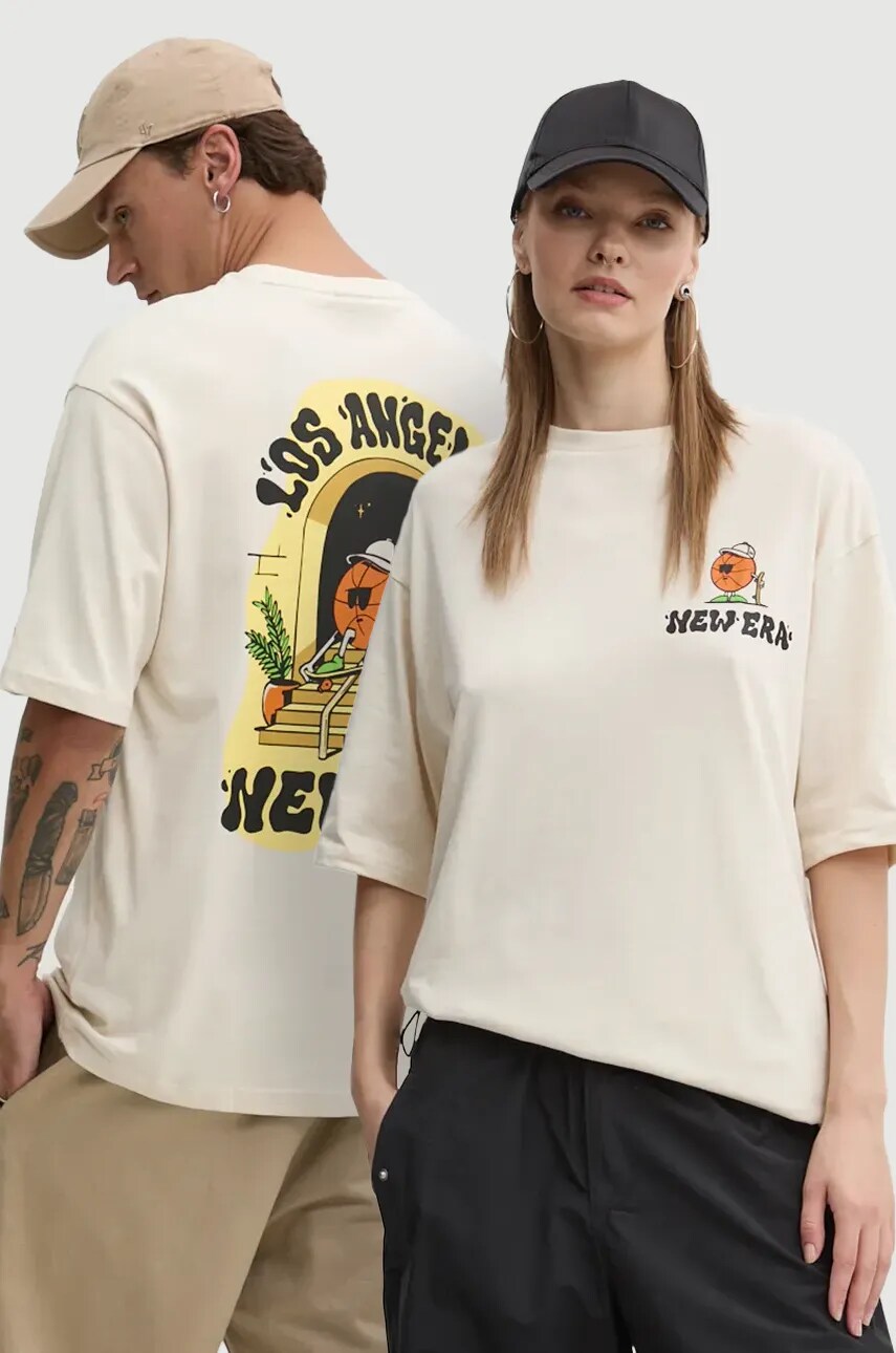 New Era tricou din bumbac culoarea bej, cu imprimeu, 60564867
