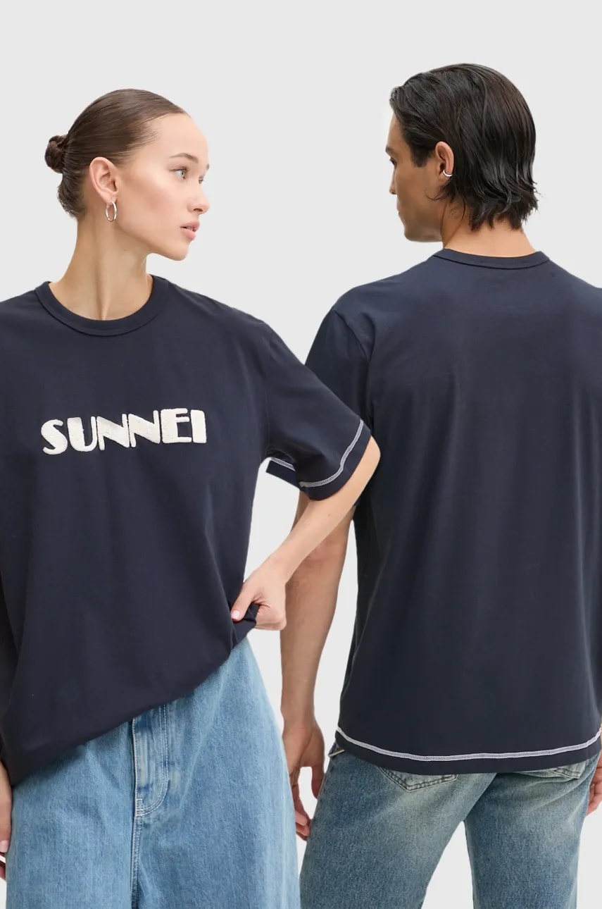 Sunnei tricou din bumbac culoarea albastru marin, cu imprimeu, RTWXJER020