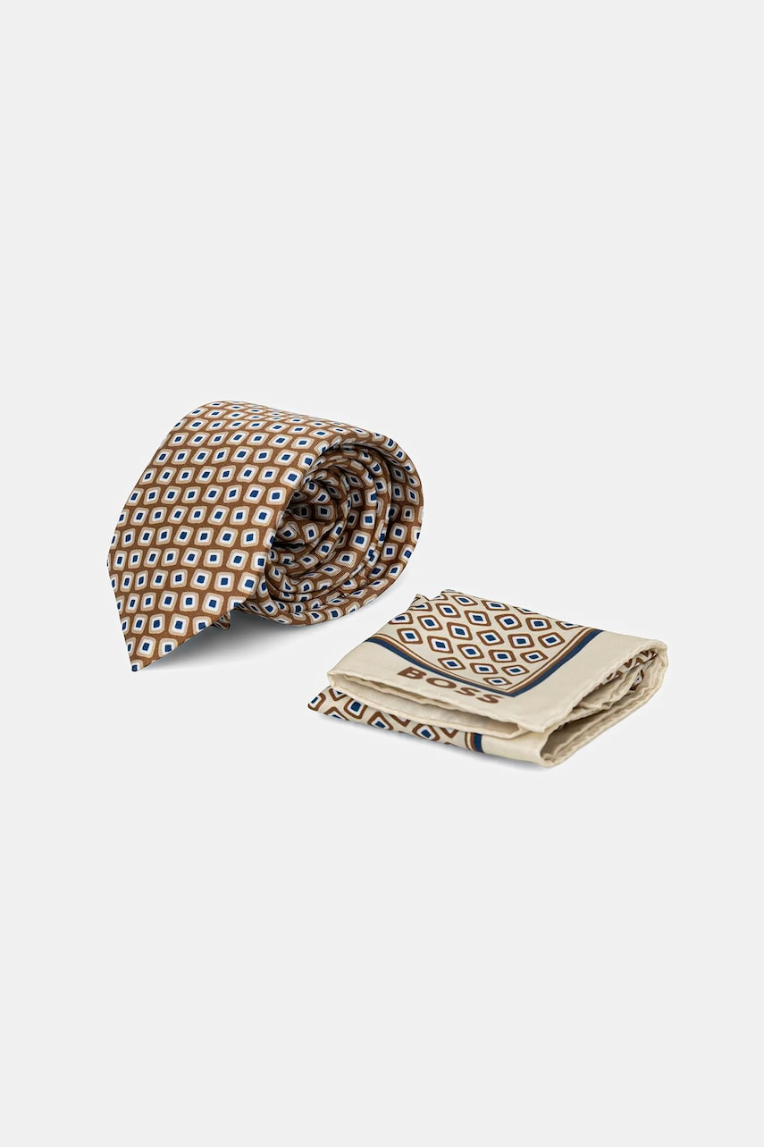 Levně Kravata a kapesníček BOSS 2-pack hnědá barva, 50546240