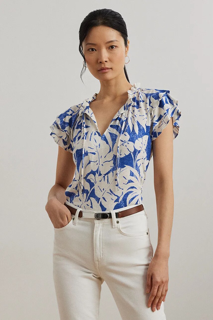 Levně Lněná halenka Lauren Ralph Lauren dámská, modrá barva, vzorovaná, 200976992