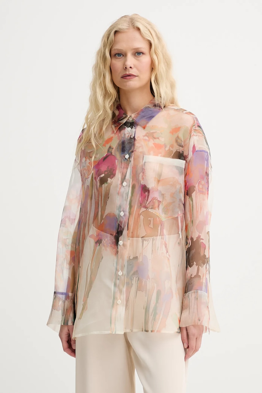 MUNTHE cămașă de mătase PRIAM culoarea bej, cu guler clasic, relaxed, 252103025219