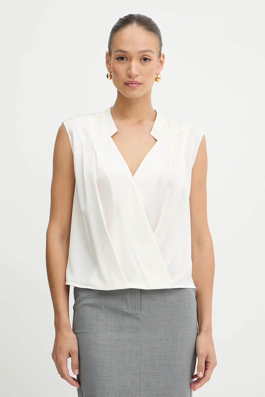 Levně Hedvábná halenka BOSS dámská, béžová barva, hladká, 50548238