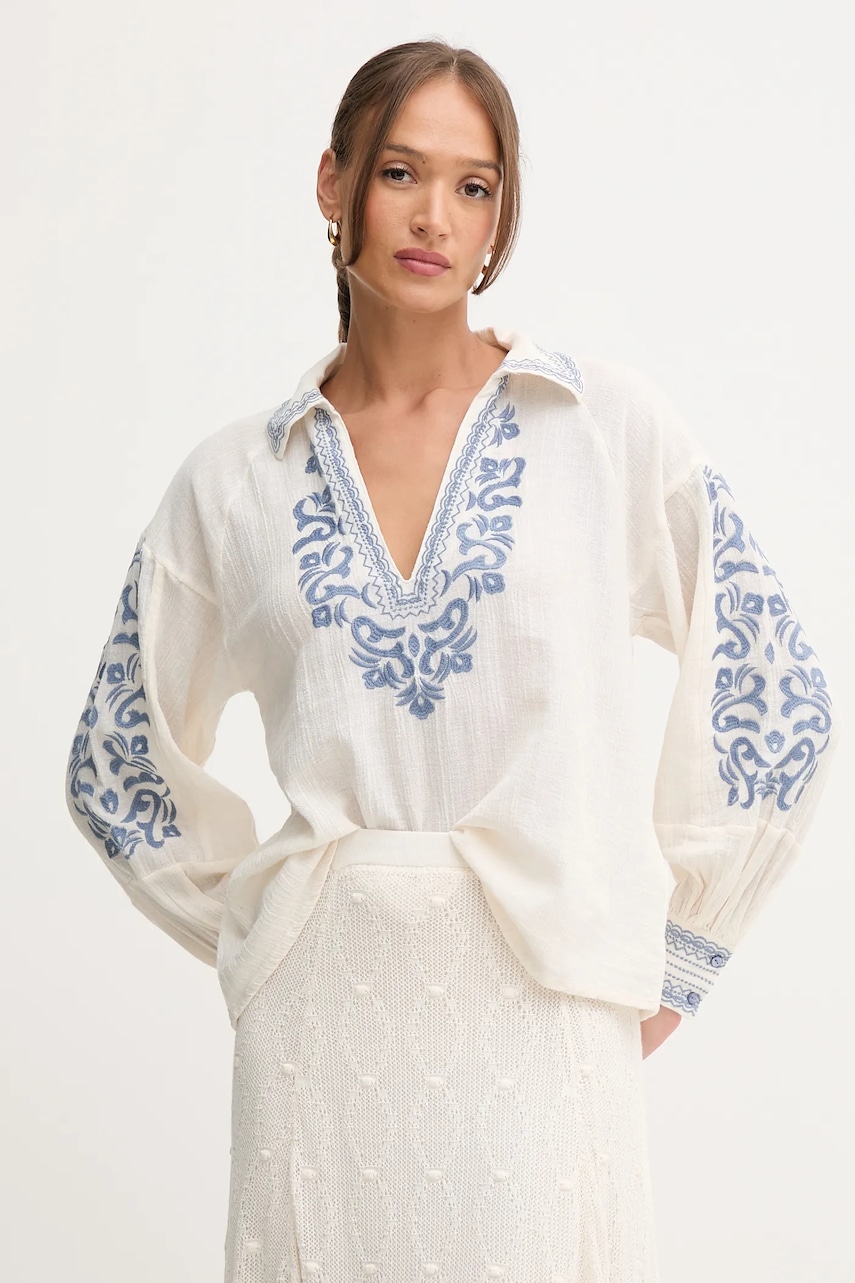 Hoss Intropia bluză din in culoarea bej, cu imprimeu, 6282664