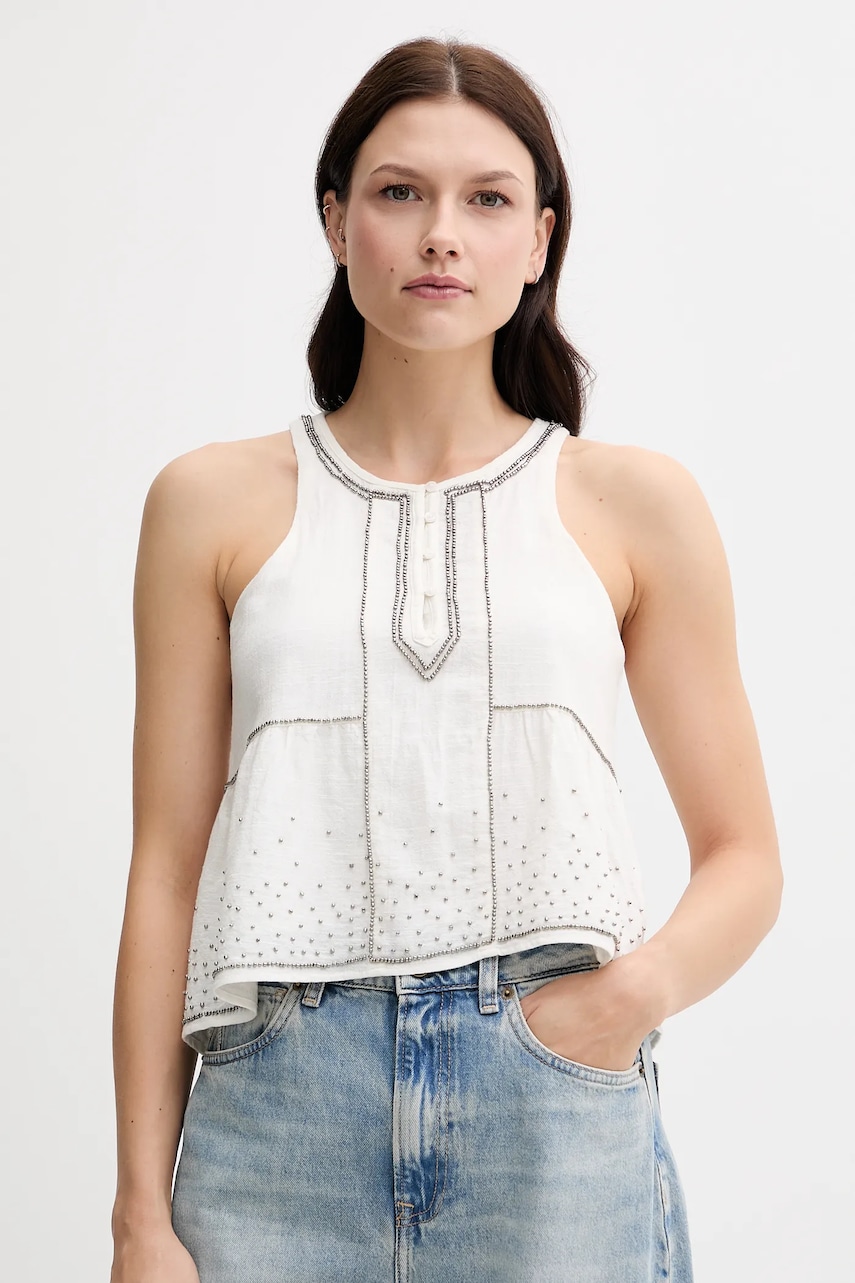 Pepe Jeans bluză din bumbac culoarea bej, cu imprimeu, PL305102