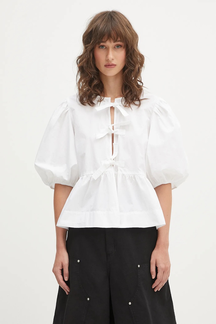 GANNI Cotton Poplin Peplum bluzka z falbanką damska bawełniana gładka