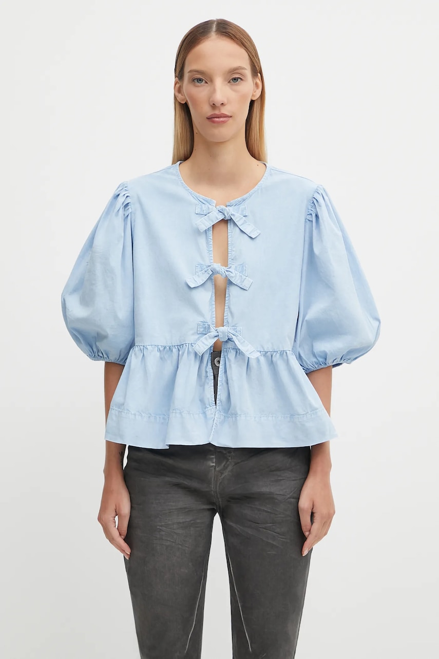 GANNI cămașă Washed Stretch Cotton Peplum Blouse cu un decolteu legat, regular, W0970