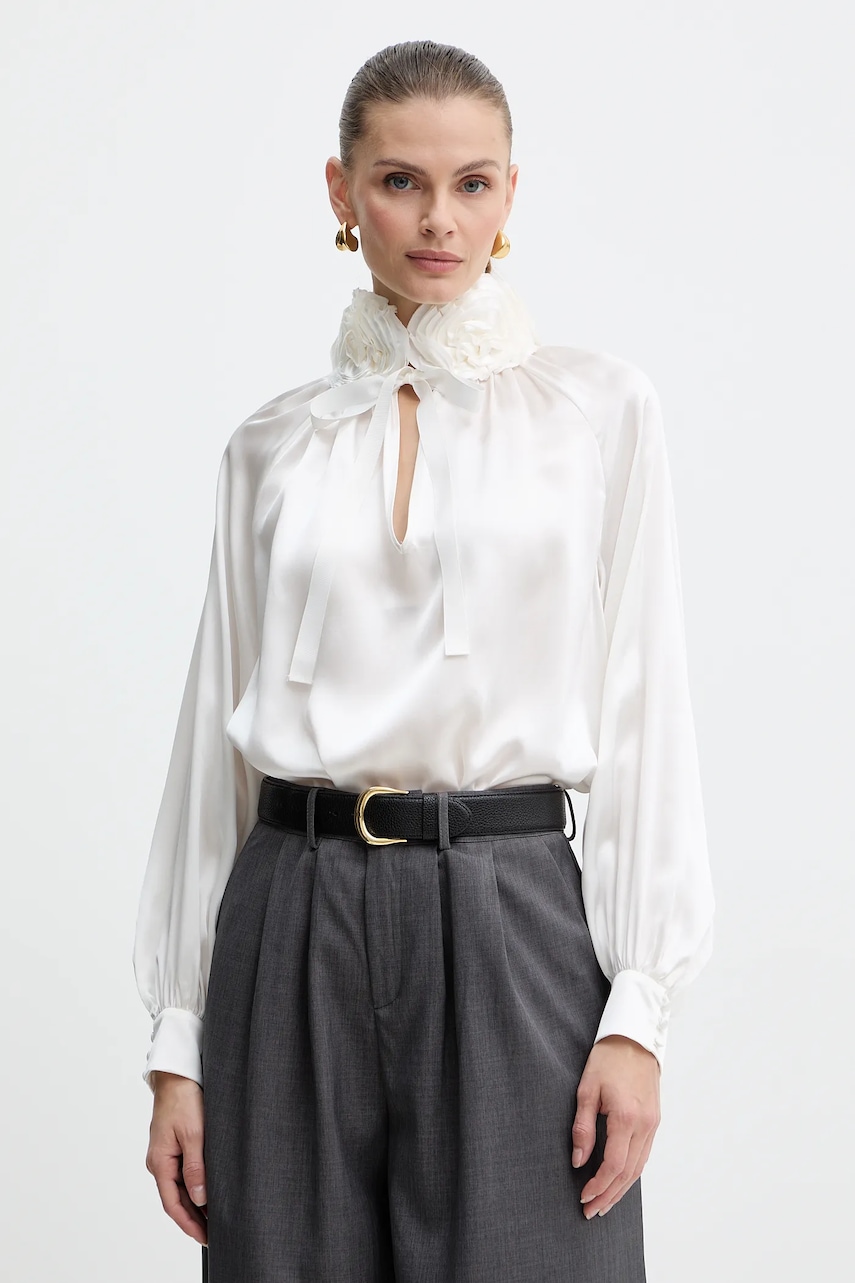 Luisa Spagnoli bluză de mătase culoarea bej, cu imprimeu, 542316