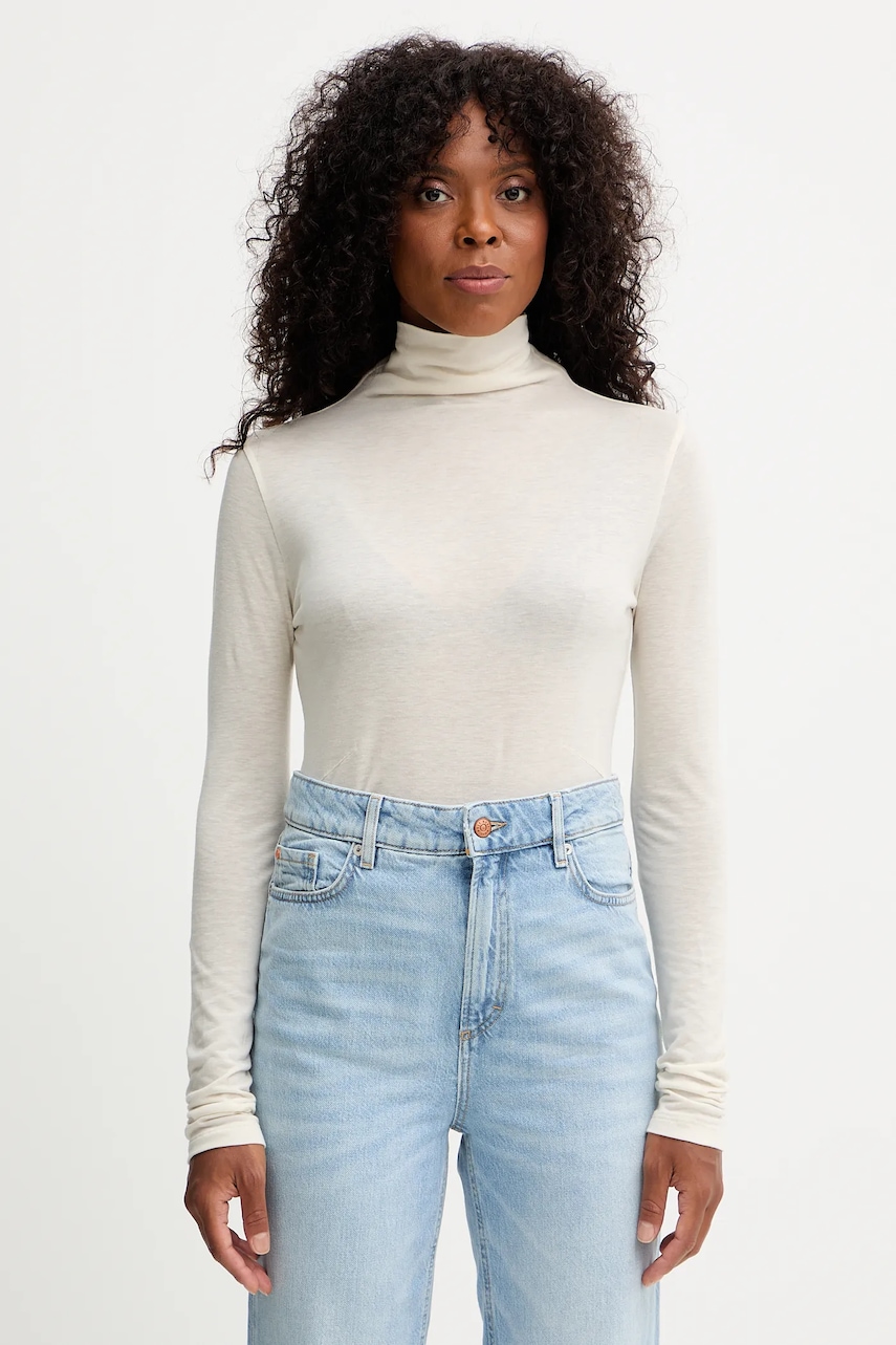 BOSS longsleeve din amestec de lână culoarea bej, cu guler înalt 50550639