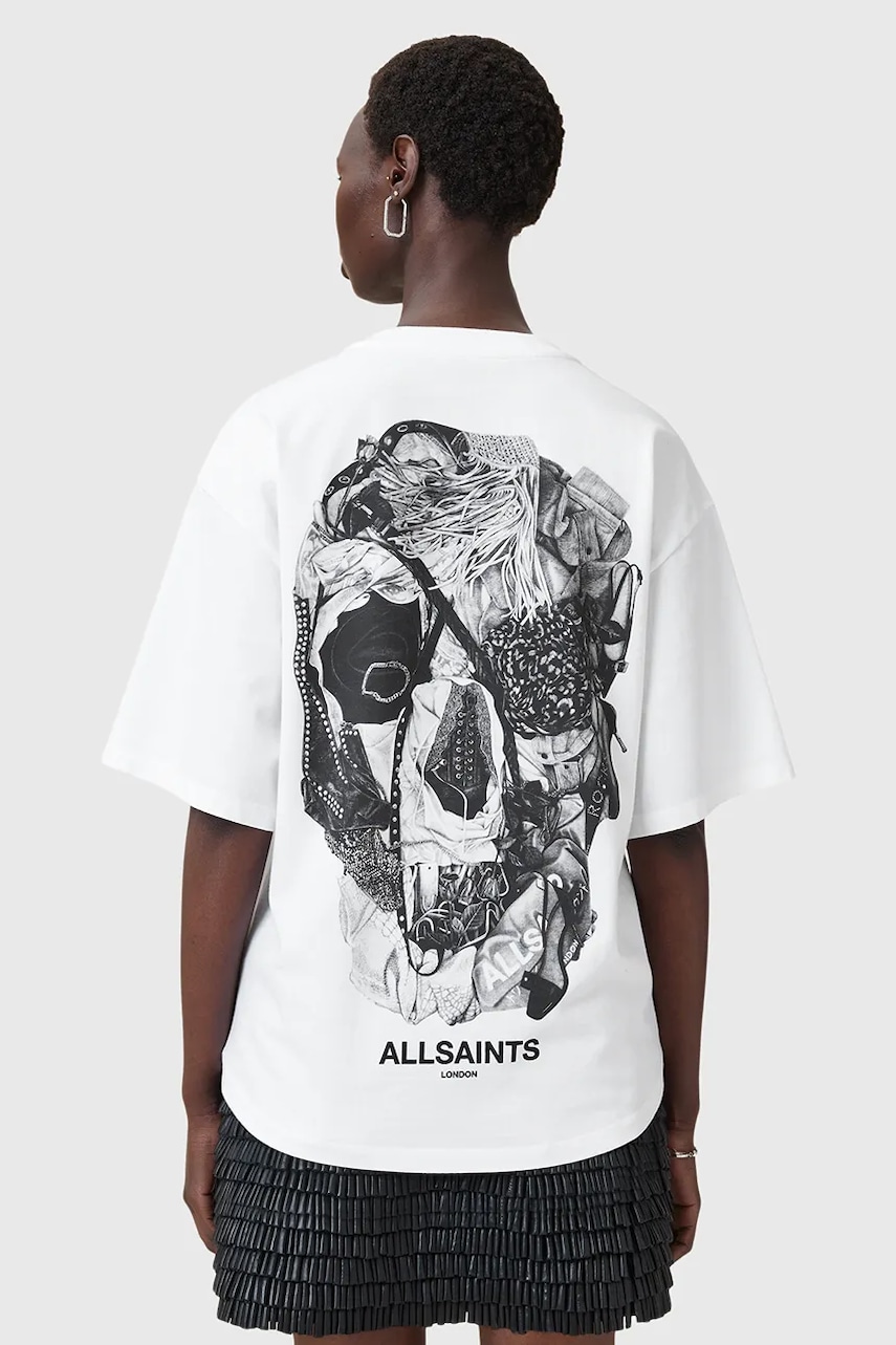 AllSaints bluză din bumbac HEAPS culoarea alb, cu imprimeu, W083JD