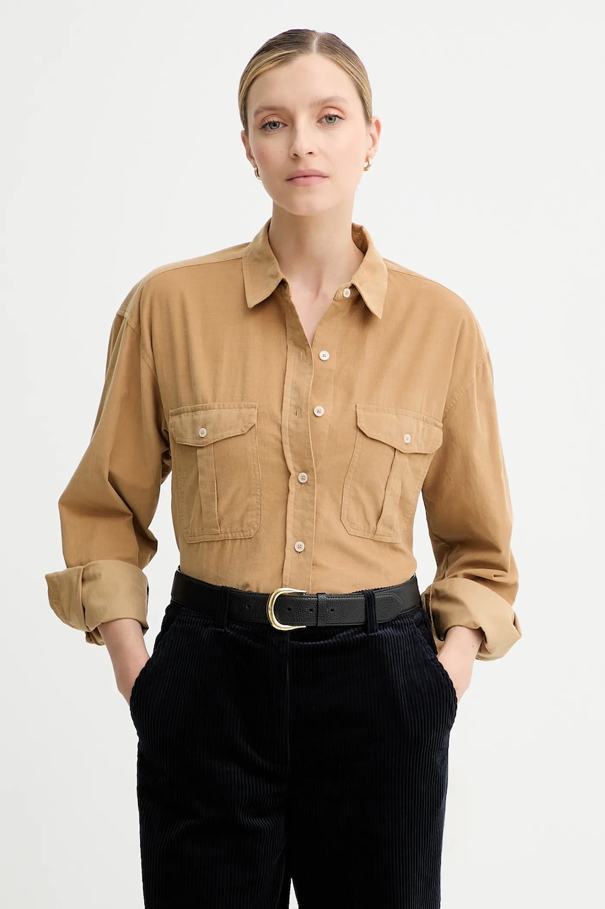 Marc O\'Polo cămașă din velur culoarea bej, cu guler clasic, relaxed, 508088242173