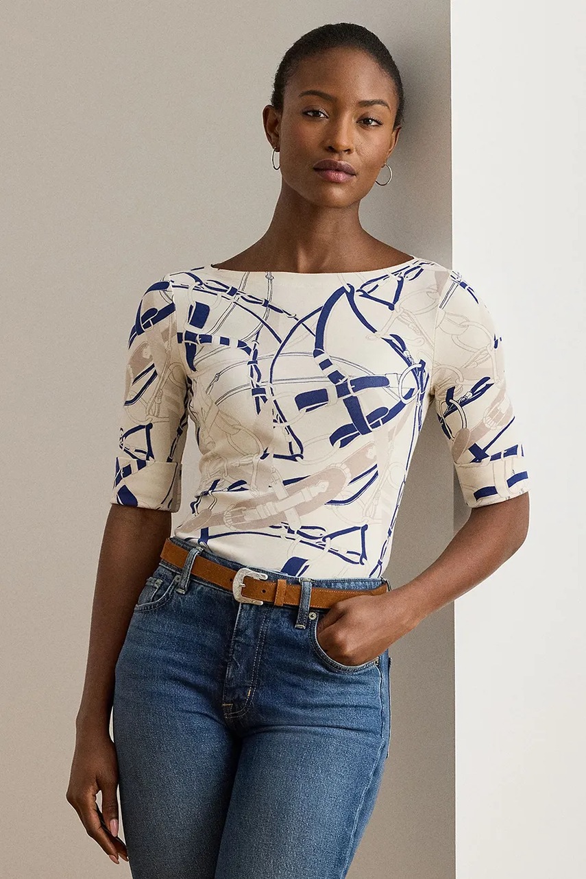 Levně Halenka Lauren Ralph Lauren dámská, béžová barva, vzorovaná, 200P02003
