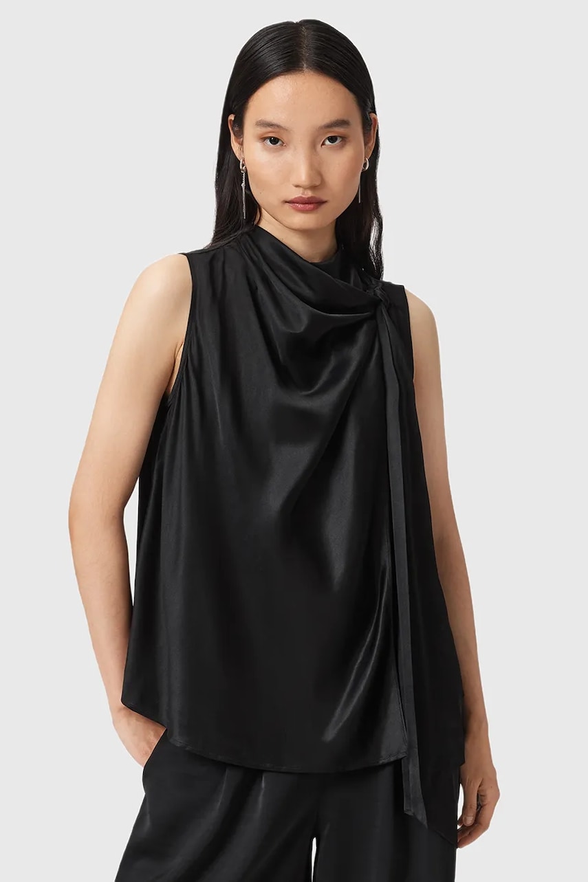 AllSaints bluză din amestec de mătase HERELA femei, culoarea negru, uni W011PD