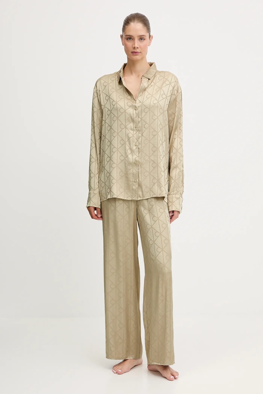 Levně Pyžamo Calvin Klein Underwear dámské, béžová barva, saténové, LV00QS7574