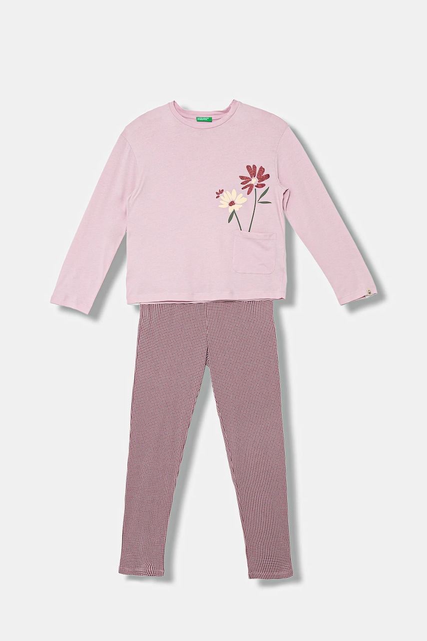 United Colors of Benetton pijamale de bumbac pentru copii culoarea roz, cu imprimeu, 3VD00P09C