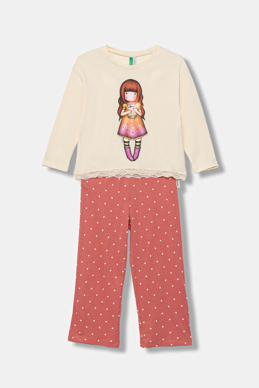 United Colors of Benetton pijama copii culoarea bej, cu imprimeu, 3Y5E0P08U